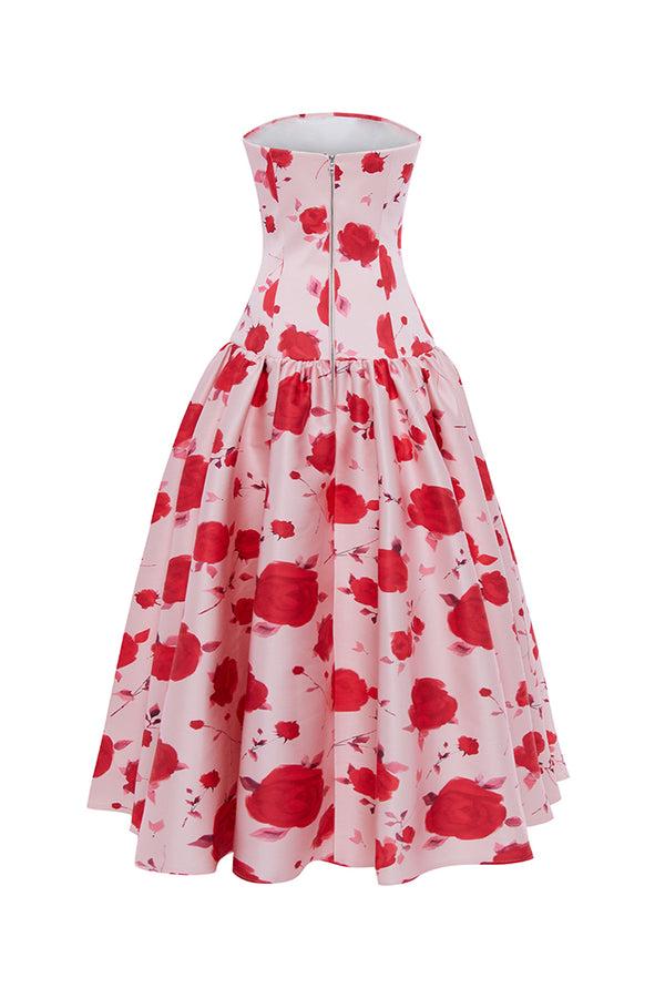 Rasario Printed Midi Dress With Volumenous Skirt Pink 054DD009 – RASARIO