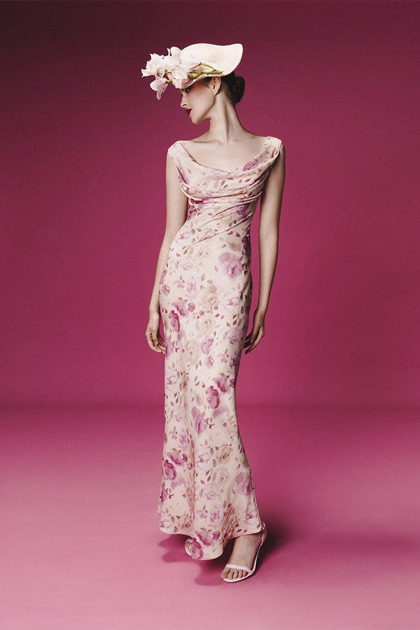 Rasario Printed Satin Draped Maxi Dress Powder 058DX010 – RASARIO