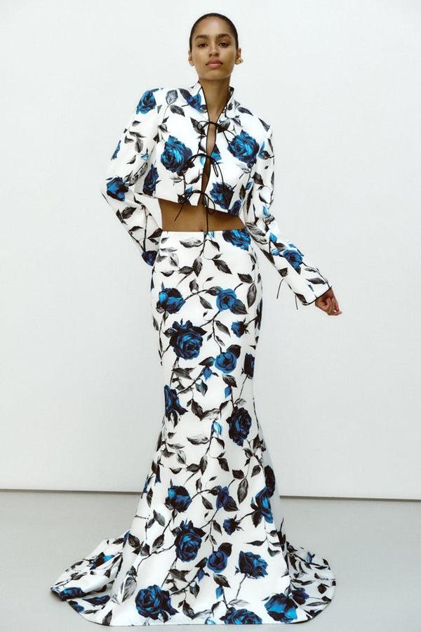 Rasario Printed Satin Maxi Skirt With A Train Black S026X010 – RASARIO