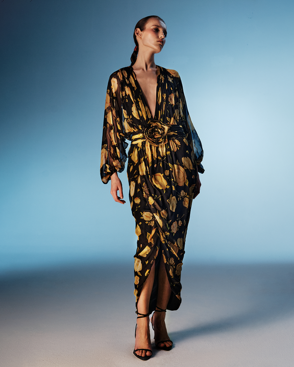 Rasario Printed Silk Chiffon Draped Midi Dress Black/yellow 034DD105 – RASARIO