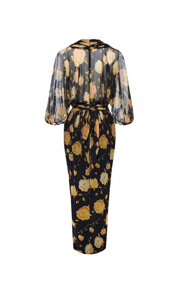 Rasario Printed Silk Chiffon Draped Midi Dress Black/yellow 034DD105 – RASARIO