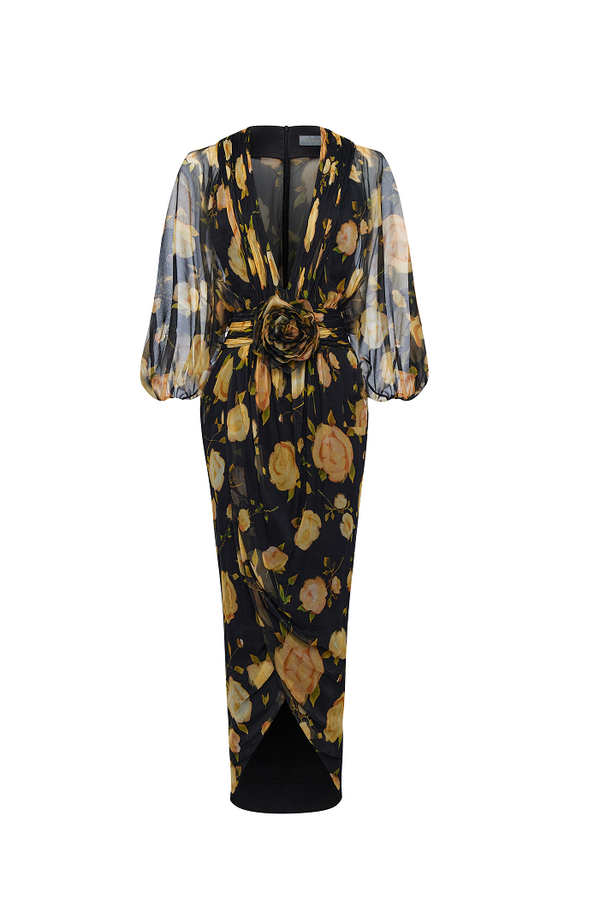 rasario Printed silk chiffon draped midi dress black/yellow 034DD105 – RASARIO