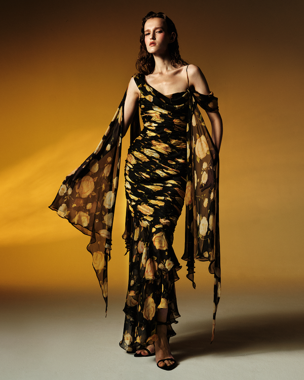 Rasario Printed Silk Chiffon Maxi Dress Black/yellow 001DX105 – RASARIO