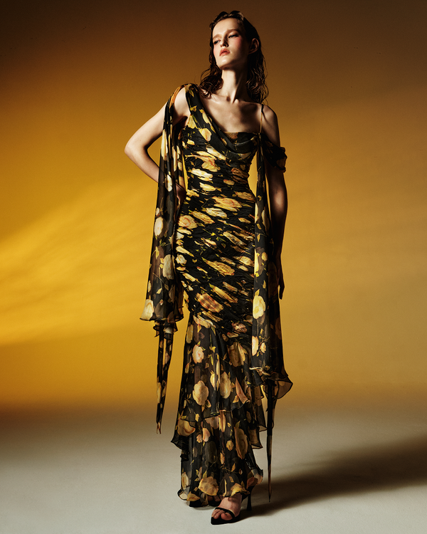 Rasario Printed Silk Chiffon Maxi Dress Black/yellow 001DX105 – RASARIO