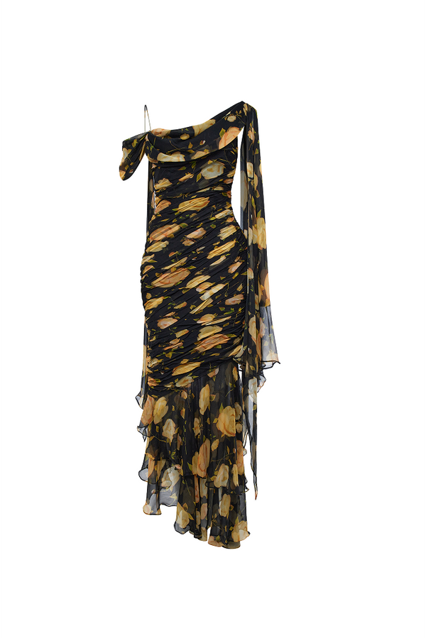 Rasario Printed Silk Chiffon Maxi Dress Black/yellow 001DX105 – RASARIO