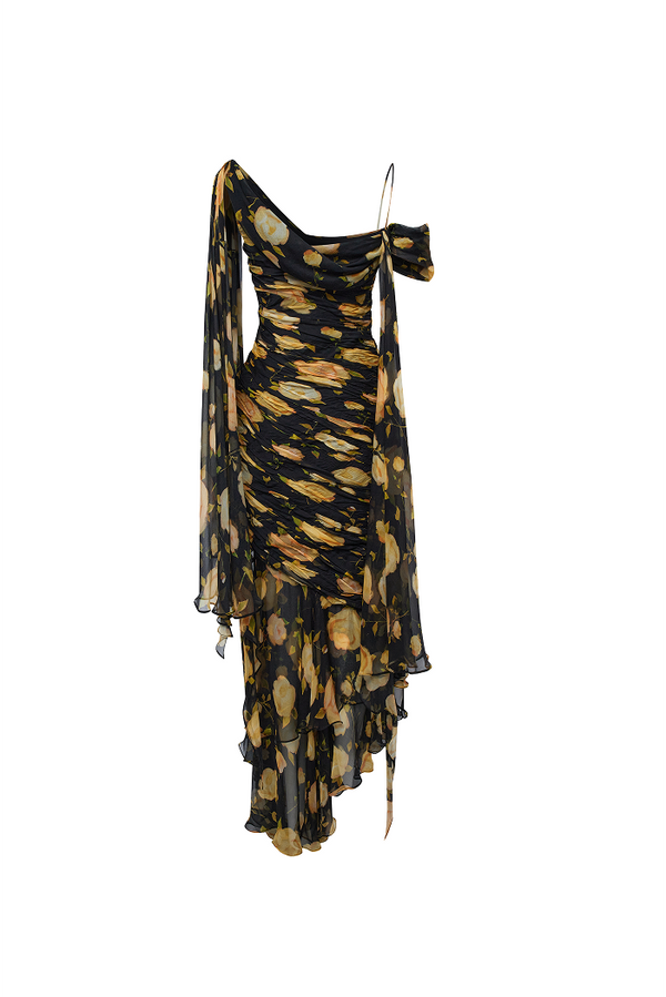 rasario Printed silk chiffon maxi dress black/yellow 001DX105 – RASARIO rasario Printed silk chiffon maxi dress black/yellow 001DX105 – RASARIO
