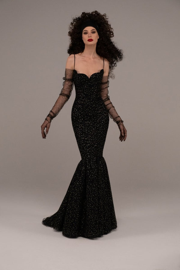 Rasario Rhinestone Tulle Maxi Dress With Train Black S051G001 – RASARIO