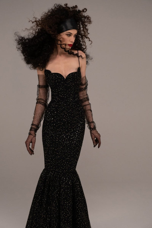 Rasario Rhinestone Tulle Maxi Dress With Train Black S051G001 – RASARIO
