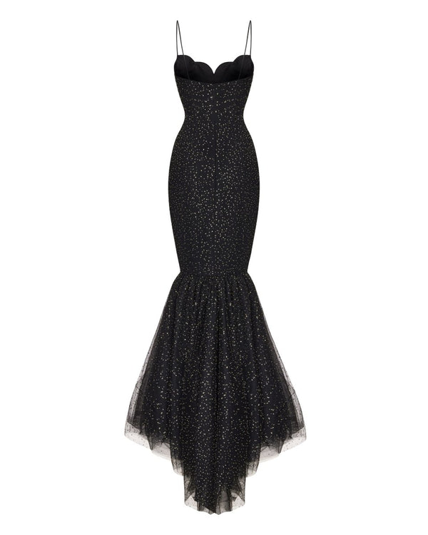 Rasario Rhinestone Tulle Maxi Dress With Train Black S051G001 – RASARIO