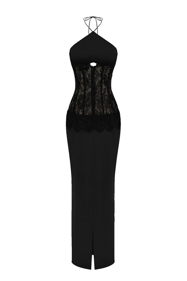 Rasario Satin And Lace Corset Maxi Dress Black S071X010 – RASARIO