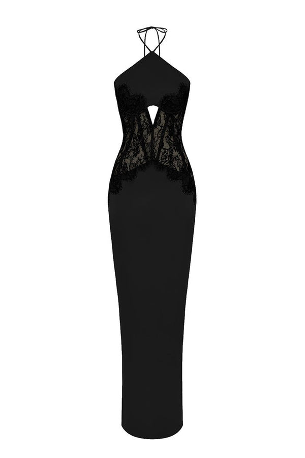 rasario Satin and lace corset maxi dress black S071X010 – RASARIO