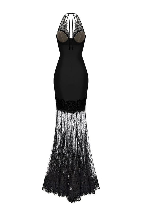 Rasario Satin And Lace Maxi Dress Black S073X010 – RASARIO