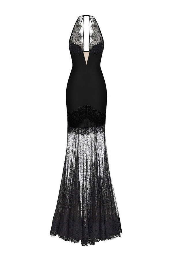 rasario Satin and lace maxi dress black S073X010 – RASARIO