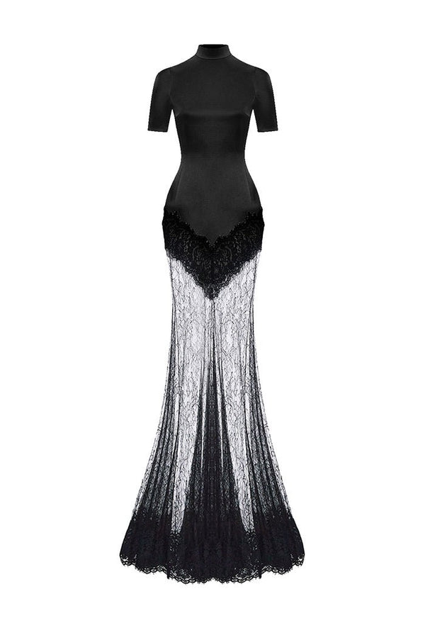 rasario Satin and lace maxi dress black S106X010 – RASARIO