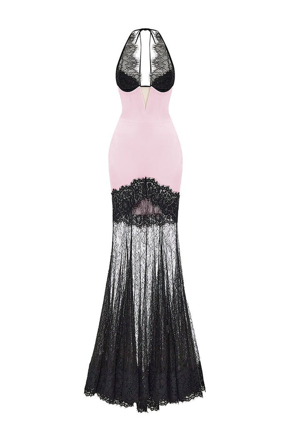 rasario Satin and lace maxi dress light pink/black S073X640 – RASARIO