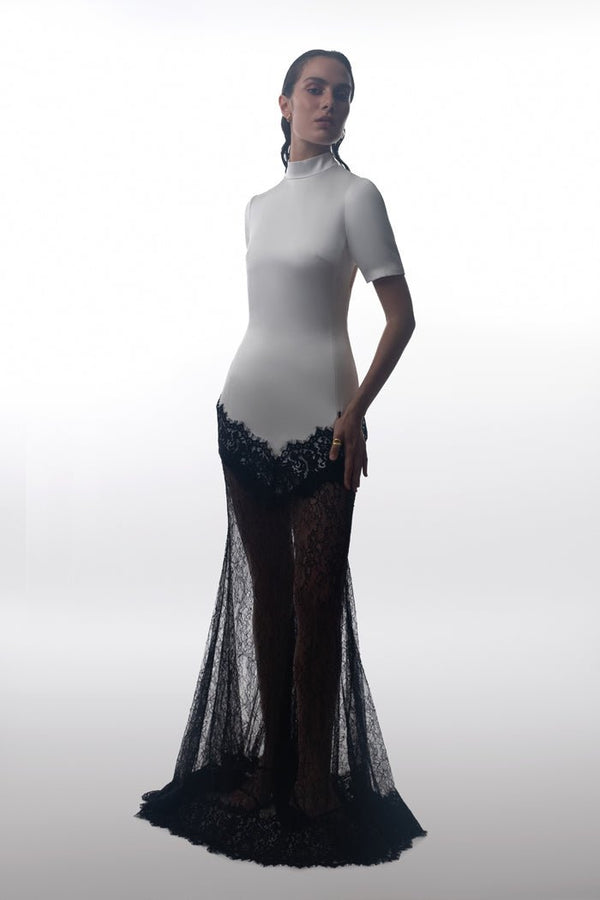 Rasario Satin And Lace Maxi Dress White/black S106X210 – RASARIO