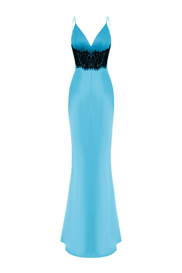 Rasario Satin And Lace Maxi Dress With A Bow Turquoise/black S070X630 – RASARIO