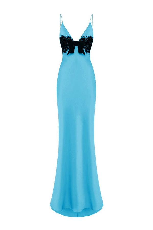 rasario Satin and lace maxi dress with a bow turquoise/black S070X630 – RASARIO