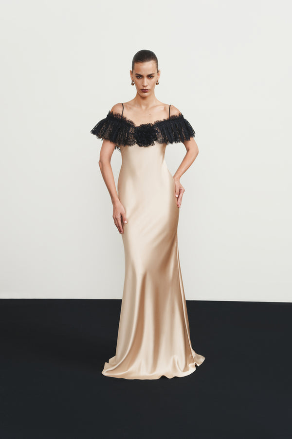 Rasario Satin And Lace Maxi Dress With A Flower Black 116DX001 – RASARIO