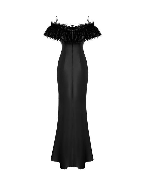 Rasario Satin And Lace Maxi Dress With A Flower Black 116DX001 – RASARIO