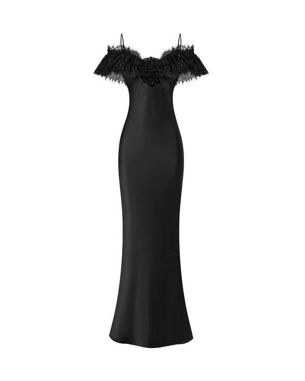 rasario Satin and lace maxi dress with a flower black 116DX001 – RASARIO