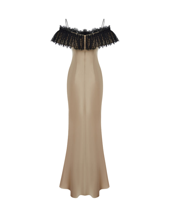 Rasario Satin And Lace Maxi Dress With A Flower Gold/black 116DX051 – RASARIO