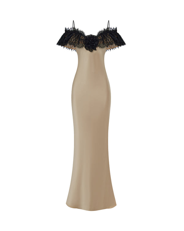 rasario Satin and lace maxi dress with a flower gold/black 116DX051 – RASARIO