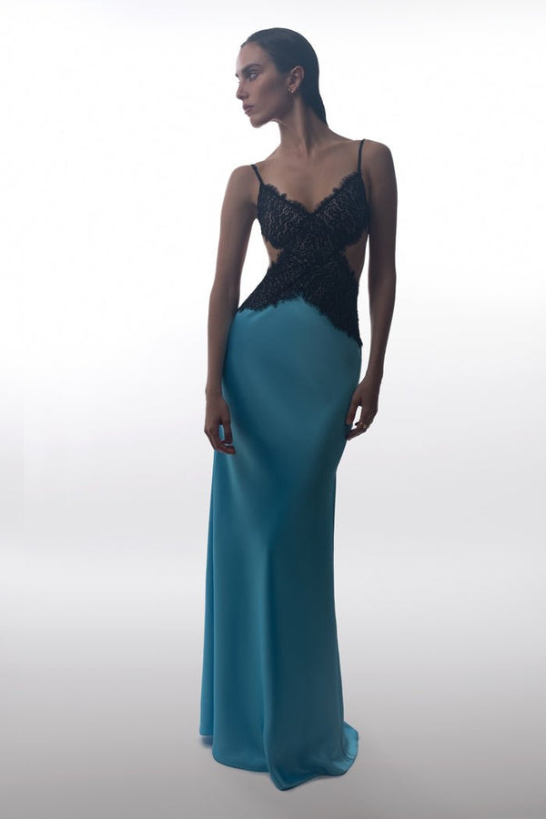Rasario Satin And Lace Maxi Dress With Cutouts Black S081X010 – RASARIO