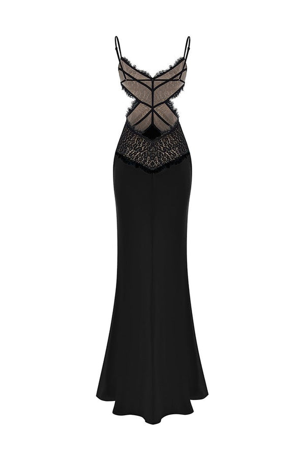 Rasario Satin And Lace Maxi Dress With Cutouts Black S081X010 – RASARIO