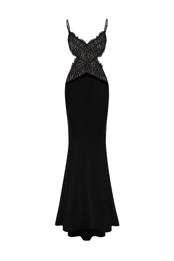 rasario Satin and lace maxi dress with cutouts black S081X010 – RASARIO
