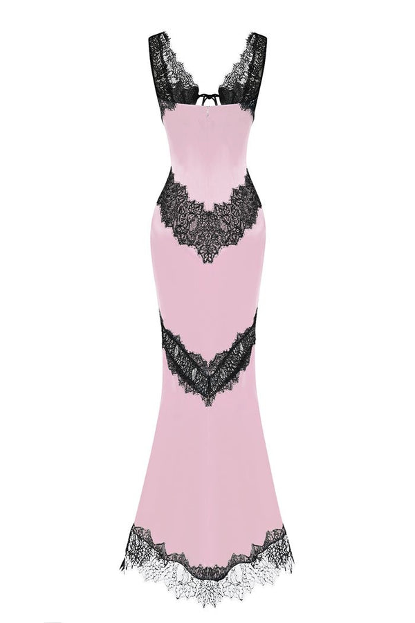 Rasario Satin And Lace Maxi Dress With Cutouts Light Pink/black S069X640 – RASARIO