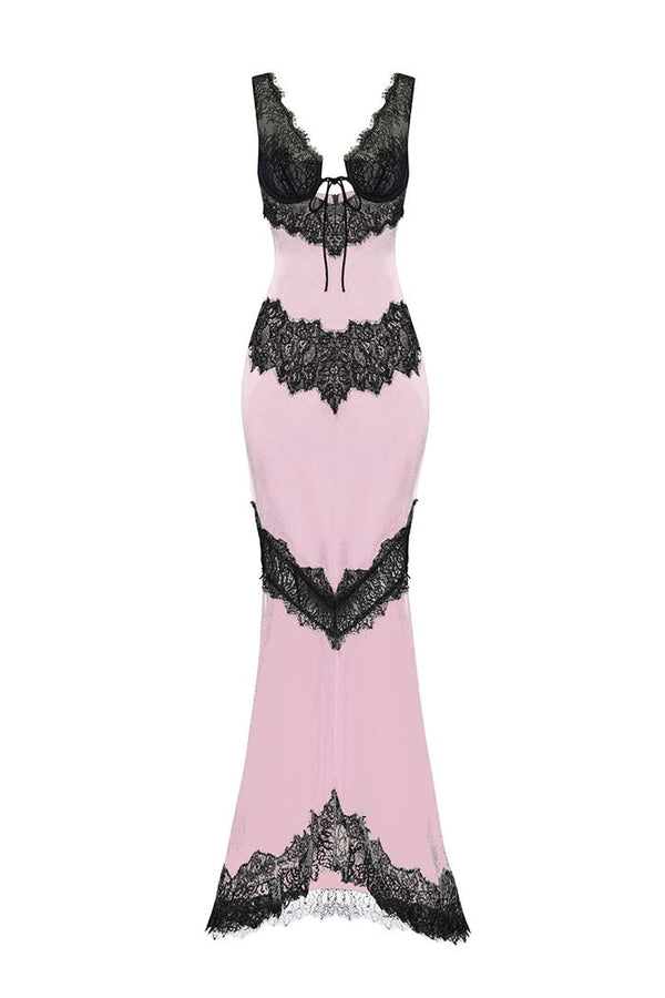 rasario Satin and lace maxi dress with cutouts light pink/black S069X640 – RASARIO