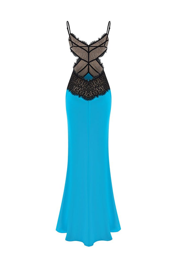 Rasario Satin And Lace Maxi Dress With Cutouts Turquoise/black S081X630 – RASARIO