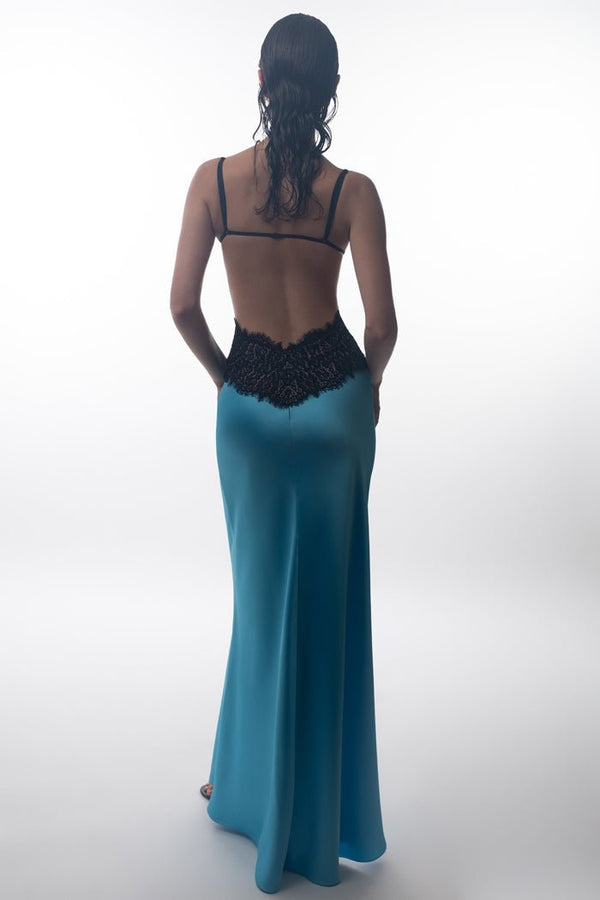 Rasario Satin And Lace Maxi Dress With Cutouts Turquoise/black S081X630 – RASARIO