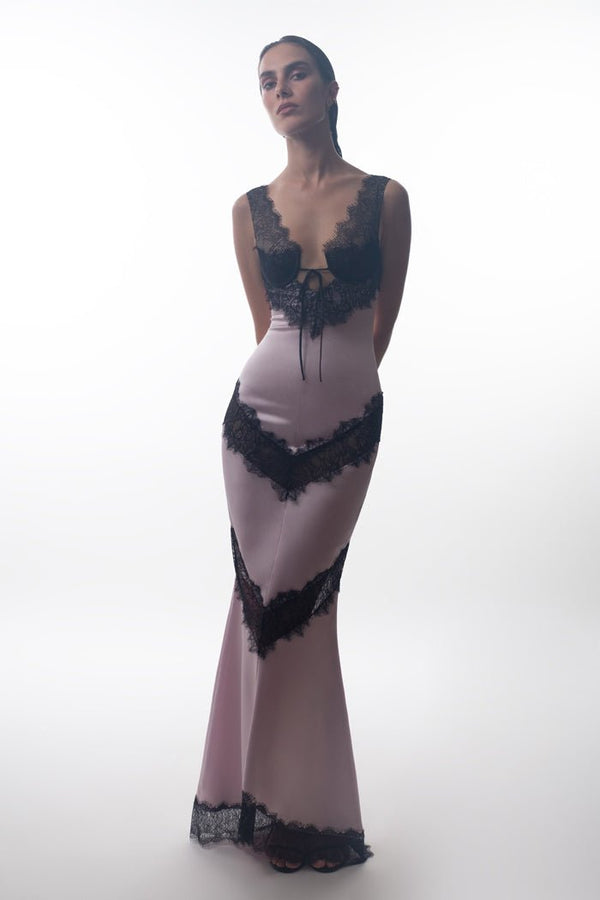 Rasario Satin And Lace Maxi Dress With Cutouts Turquoise /black S069X630 – RASARIO