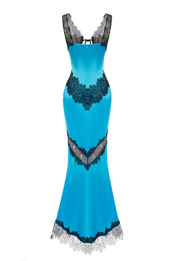 Rasario Satin And Lace Maxi Dress With Cutouts Turquoise /black S069X630 – RASARIO