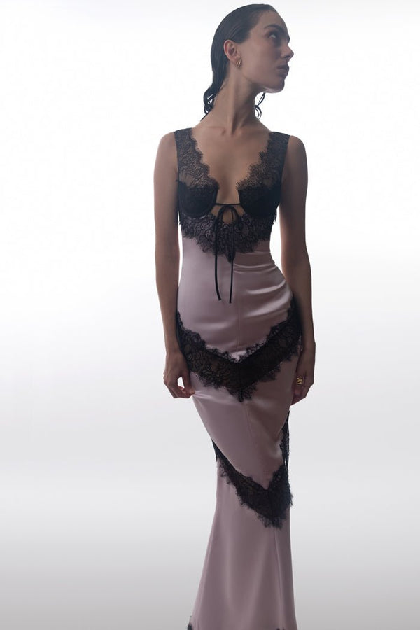 Rasario Satin And Lace Maxi Dress With Cutouts Turquoise /black S069X630 – RASARIO