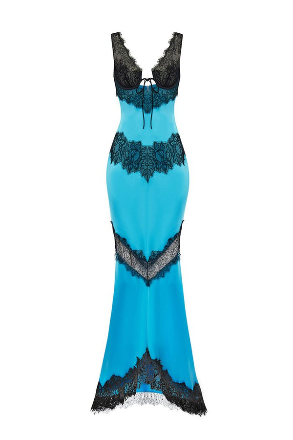 rasario Satin and lace maxi dress with cutouts turquoise /black S069X630 – RASARIO