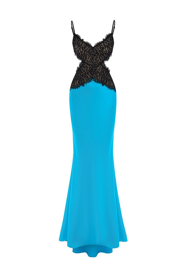 rasario Satin and lace maxi dress with cutouts turquoise/black S081X630 – RASARIO