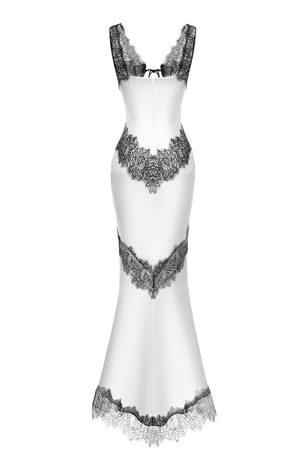 Rasario Satin And Lace Maxi Dress With Cutouts White/black S069X210 – RASARIO