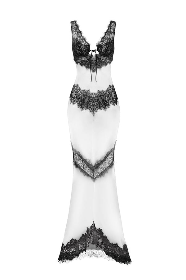 rasario Satin and lace maxi dress with cutouts white/black S069X210 – RASARIO
