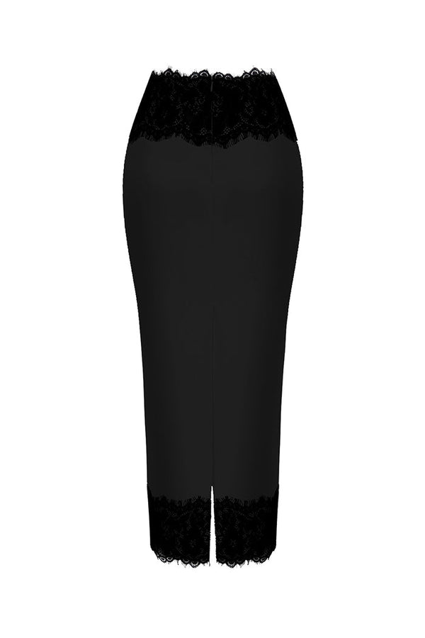 Rasario Satin And Lace Midi Skirt Black S084D010 – RASARIO