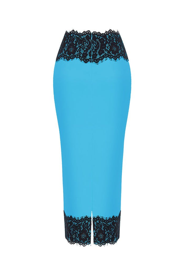 Rasario Satin And Lace Midi Skirt Turquoise/black S084D630 – RASARIO