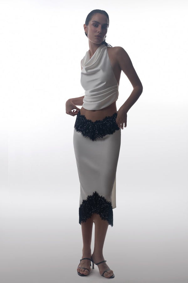 Rasario Satin And Lace Midi Skirt White/black S084D010 – RASARIO