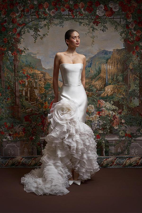 Rasario Satin And Silk Organza Maxi Dress With A Voluminous Flower White 016DG002 – RASARIO