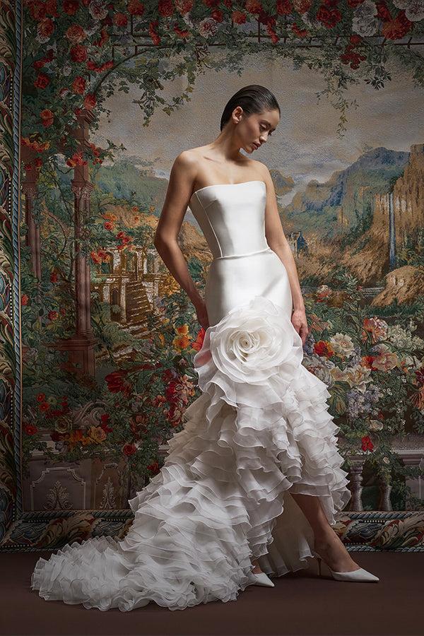 rasario Satin and silk organza maxi dress with a voluminous flower white 016DG002 – RASARIO