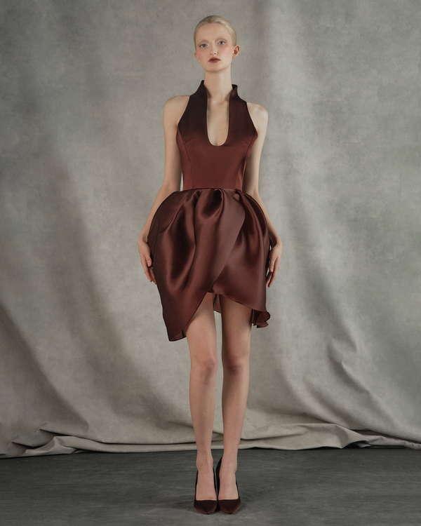 Rasario Satin And Silk Organza Mini Dress Burgundy 041DN013 – RASARIO