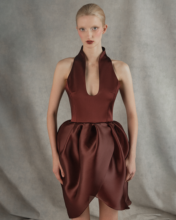 Rasario Satin And Silk Organza Mini Dress Burgundy 041DN013 – RASARIO