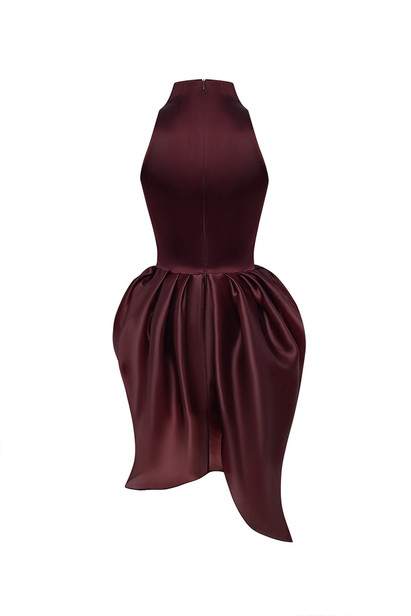 Rasario Satin And Silk Organza Mini Dress Burgundy 041DN013 – RASARIO