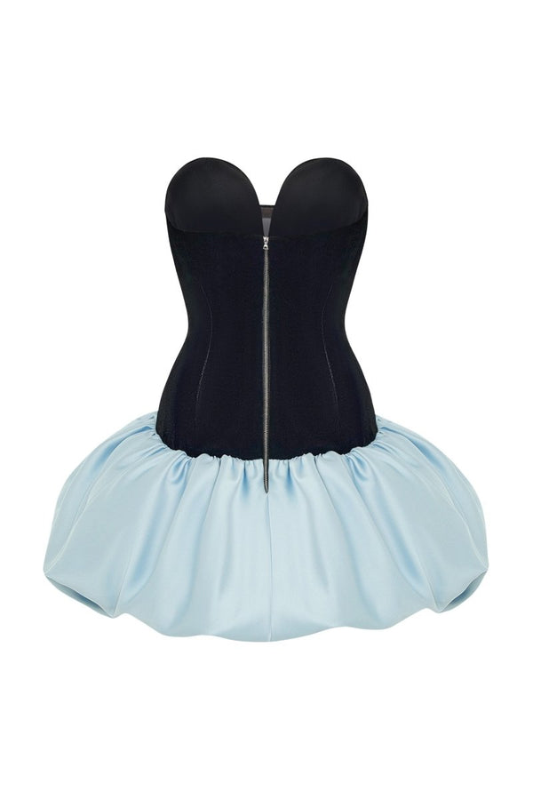 Rasario Satin And Velvet Corset Mini Dress With Voluminous Skirt Black/light Blue 058DN127 – RASARIO